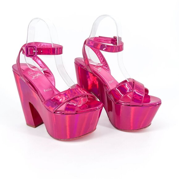 Christian Louboutin Superyaz 160 Pink Patent Platform Sandals Heels Size 39 US 9 - Picture 1 of 15